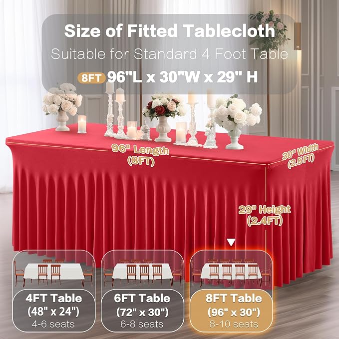 Shillance 6 Packs Red Spandex Table Clothes for 8 Foot Rectangle Table, Spandex Table Covers 8FT Stretch Table Skirts Wrinkle Free Fitted Table Cloth for Valentines, Event, Wedding, Banquet & Parties