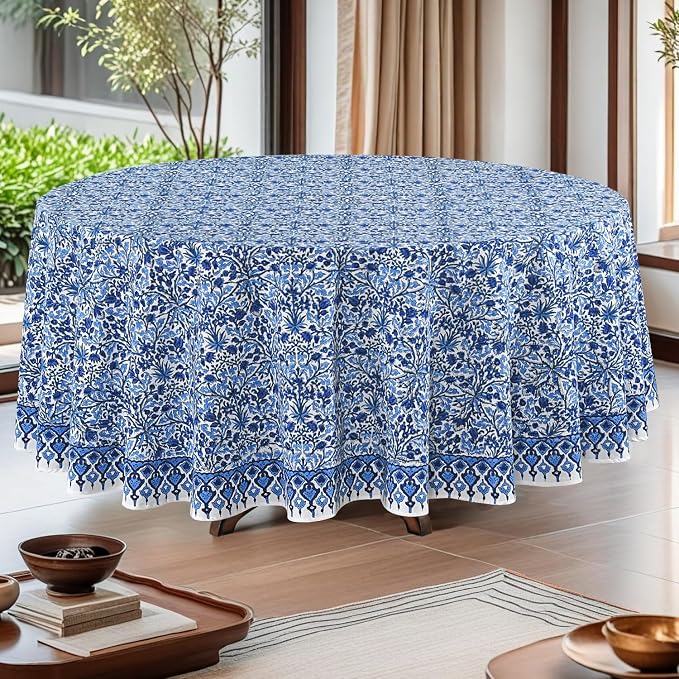 Ridhi Round Tablecloth Hand Block Print 100% Cotton Reusable Dark Royal Blue 132 Inch Table Cover Decorative Everyday Use for Dining, Home, Party, Wedding, Farmhouse Gift for Spring, Mother's Day