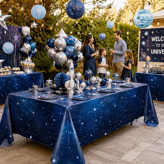 Hallswl 100ft x 54in Space Tablecloth Roll, Disposable Plastic Galaxy Table Cloth Blue Starry Sky Design Rectangle Table Covers for Kids Science Party, Birthday, Space Theme Party Decorations