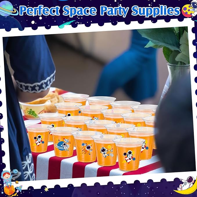 Geyoga 100 Pcs Space Party Plastic Cups 12 oz Astronaut Disposable Clear Cups Bulk Outer Spacer Birthday Party Supplies for Cold Juice Beverage Holiday Favor