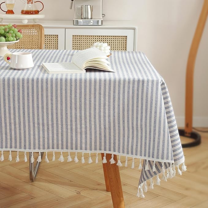 meioro Table Cloth Blue White Striped Tablecloth Tassels Cotton Blend Dust-Proof Table Cover for Dining Coffee Buffet Kitchen Picnic Tables, Parties Holiday Indoor Outdoor Tablecloths (55x70 Inch)