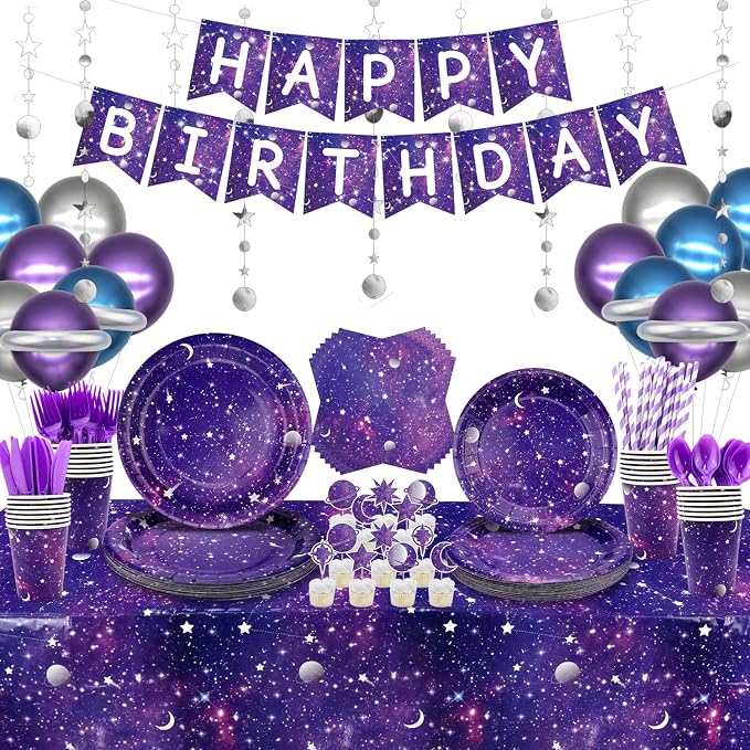 Space Galaxy Party Supplies Tableware Set, Includes Banner, Plates, Cupcake Topper Napkins, Cups,Tablecloth, Balloons, Foil Balloons, for 20 Guests Galaxy Outer Space Theme Birthday Party Decoration
