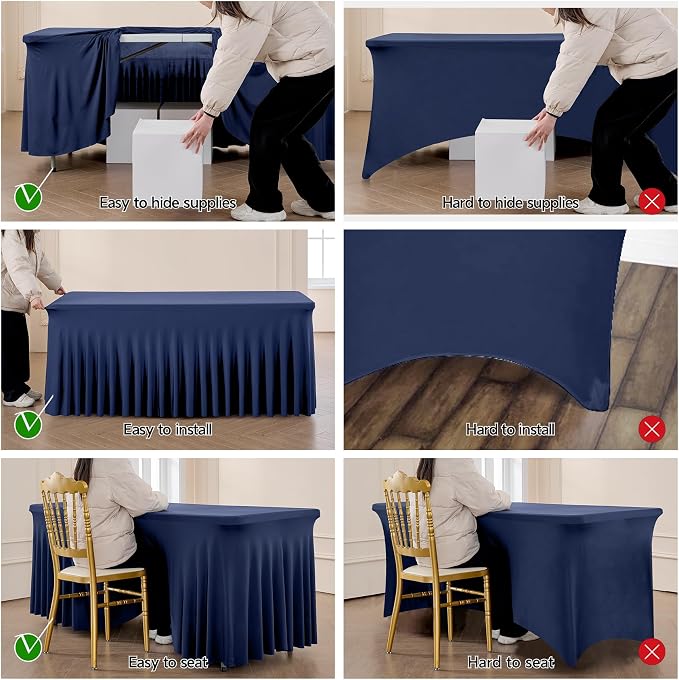 Outpain 8ft Spandex Table Cloth for Standard Folding Tables-6Pack Navy Blue Table Cloth Table Protector for Party, Wedding, Cocktail, Banquet, Festival