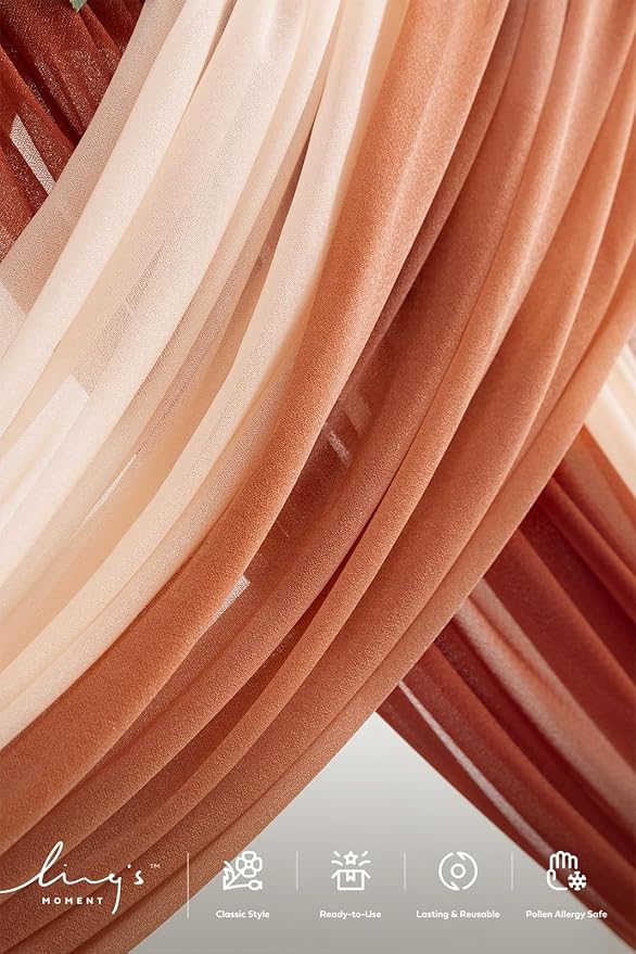 Ling's moment Wedding Arch Flowers with Drapes Kit-Pack of 5, 2pcs Flower Arrangements 3pcs Sheer Hanging Drapes Ceremony Arbor Backdrop Artificial Rose Floral Decor, Terracotta & Burnt Orange