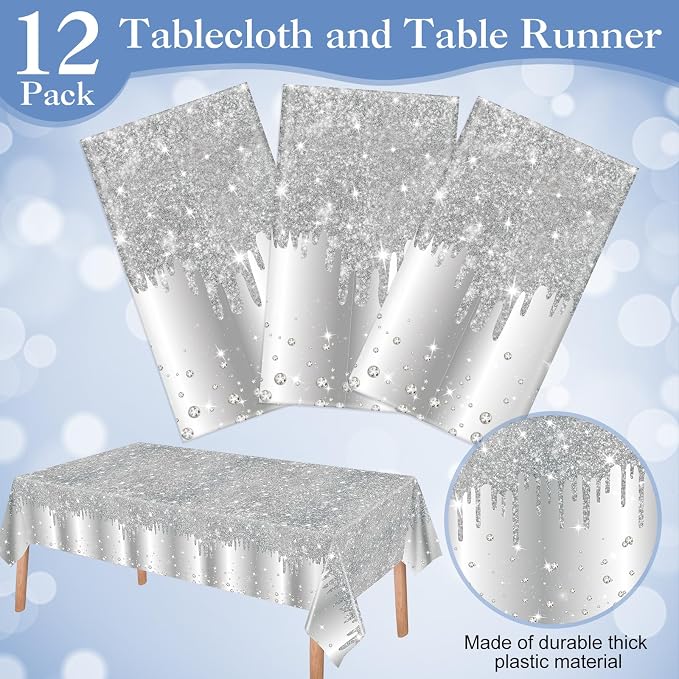 VitalCozy 12 Pack Tablecloth Glitter Diamond Plastic Table Cover Sequin Printed Tablecloth Party Decorations for Halloween Birthday Wedding Anniversary Party Supplies, 54x108 Inch(Silver)