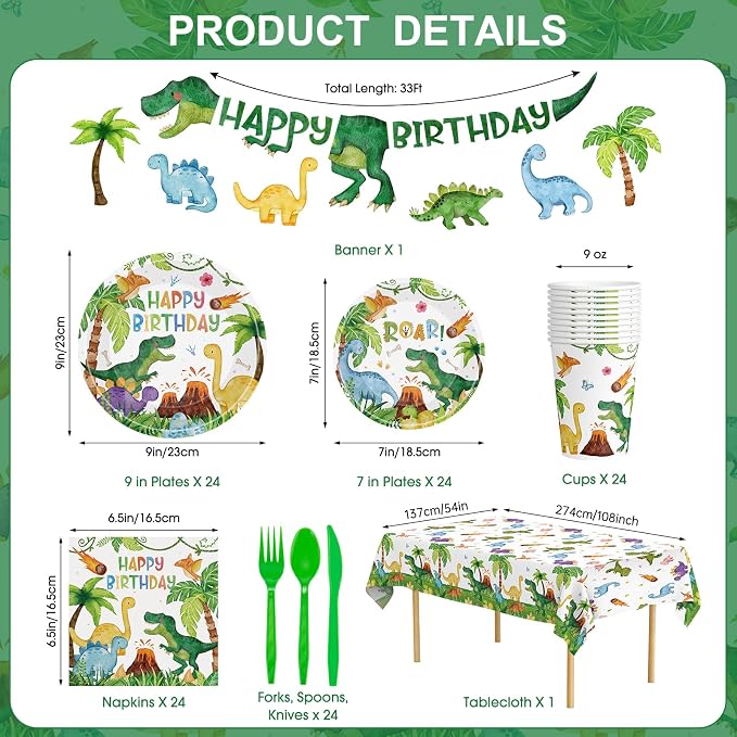 170 Pcs Dinosaur Birthday Decorations - Jungle Dino Party Supplies Sets, Includes Happy Birthday Dinner Plates Napkins, Flatware, Banners and Cups for Dinosaur Party Decorations Favors, Serves 24