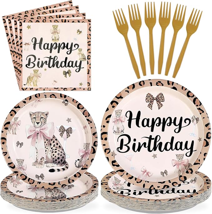 96Pcs Pink Cheetah Bow Birthday Party Decorations, Serves 24 | Leopard Print Plates and Napkins Pink Bow Cheetah Tableware Set for Girls Women Jungle Safari Animal Birthday Party Supplies