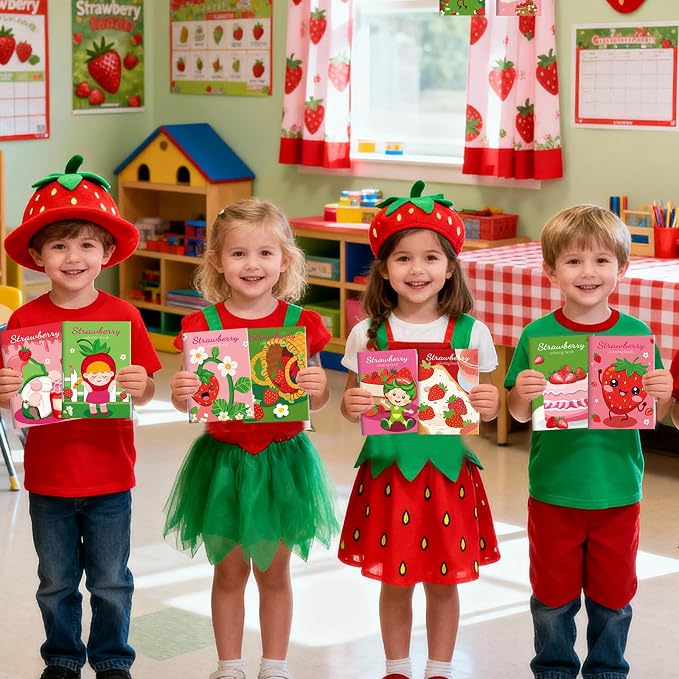 BenLouis 24 Strawberry Mini Coloring Books Kids with 24 Stacking Crayons Berry Party Favors Activity Books Bulk for Kids Girl Fruit First Goodie Bag Gift Stuffer Classroom Reward