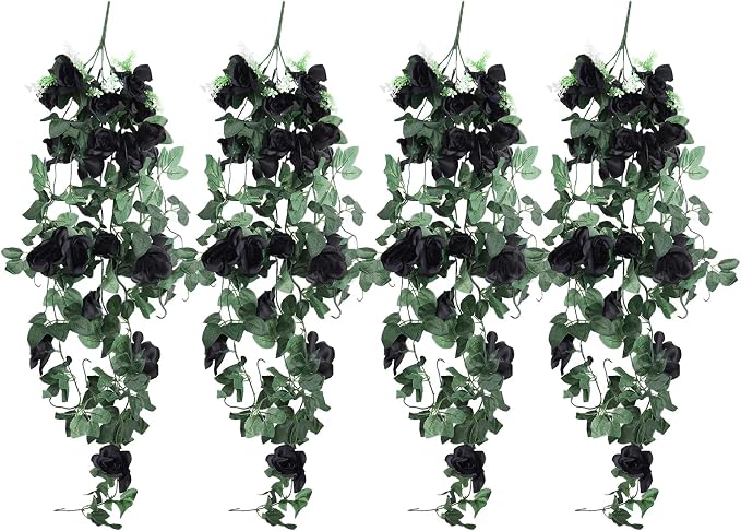 RECUTMS Artificial Black Rose Hanging Flowers Plants, 4 PCS 3.3Ft Fake Floral Halloween Garlands for Home Window Front Porch Garden Wedding Backdrop Wall Hanging Victorian Indoor Outdoor Party
