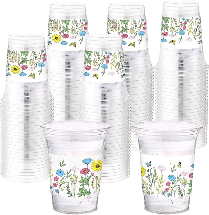 Hushee Wildflower Meadow 60 Pcs Party Cups 16 oz Plastic Disposable Drinking Cups for Birthday Love Baby in Bloom Baby Shower Summer Fresh off The Market Bridal Shower Decorations Supplies