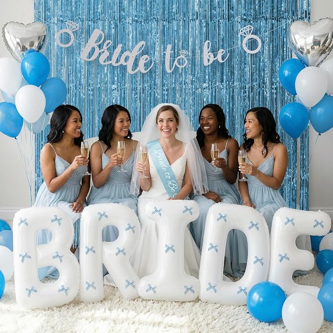 Bachelorette Party Decorations, Light Blue Bridal Shower Decor Set with 40" Bride Balloons, White Sash, Veil, Foil Curtains, Banner & 30pcs Blue Butterflies for Beach Coast Lake Party