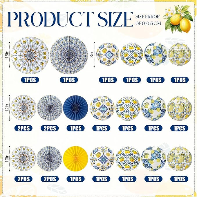 Baquler 24 Pcs Capri Lemon Party Decorations, 12 Paper Lanterns and 12 Hanging Fans, Amalfi Coast Mediterranean Blue Yellow Lemon Decor for Birthday, Bridal Shower, Baby Shower, Wedding, Summer Party