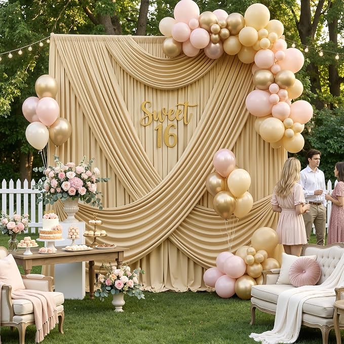 60ftx12ft Wrinkle Free Champagne Backdrop Curtain, 12 Panels 12FT Height Champagne Drapes for Wedding Backdrop, Silky Polyester Photo Back Drop Cloth for Birthday Party Photography Background