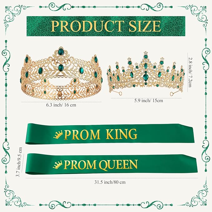 Retrowavy 4 Pcs Prom King and Queen Crown Set with Sashes Prom King Queen Sash and Tiara Set for 2026 Grad Birthday Carnival Wedding Costume Accessories(Dark Green)