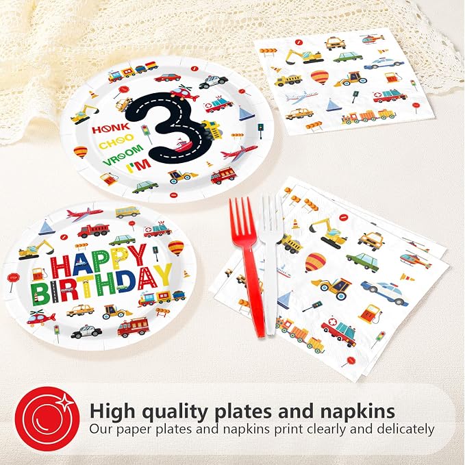 96Pcs 3rd Birthday Cars Party Decorations Transportation Plates and Napkins Tableware Set Car Train Plane Sailboat Tableware Set for Boys 3 Years Old Traffic Theme Party Supplies Serves 24