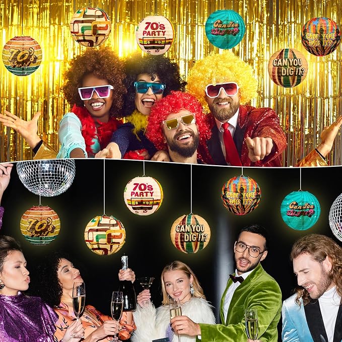 Panelee 12 Pcs 70's Retro Paper Lanterns Party Decorations 8 Inch Hanging Round Paper Party Decorations for Holiday Indoor Outdoor Supplies