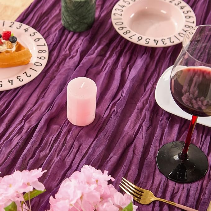 Royal Purple Spring Table Runner Boho Cheesecloth Table Runner 120 inches Crinkled Gauze Sheer Mother's Day Table Centerpieces for Wedding Ceremony Anniversary Bridal Baby Shower Banquet