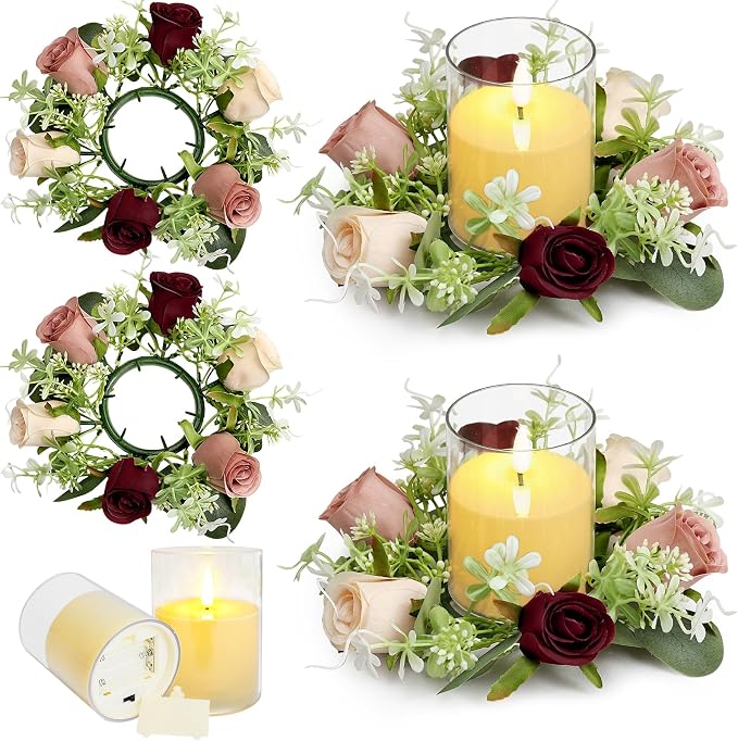 2 Sets Rose Candle Rings Wreaths, 3 Inch Artificial Flowers Candle Rings with LED Flameless Candles Burgundy Pink Eucalyptus for Table Centerpieces Home Wedding Party Decor