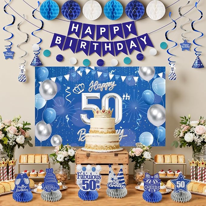 Happy 50th Birthday Party Decoration: Including Birthday Banner Backdrop, Party Table Centerpieces and Hanging Swirl Party Streamers, Birthday Decor for Men and Women (Blue, 50th Birthday)