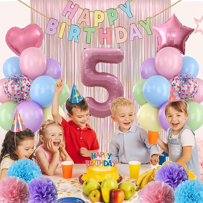 Pastel 5th Birthday Party Decorations for Girls Number 5 Balloon Happy Birthday Banner Butterfly Stickers Fringe Curtain Paper Pom Poms Macaron Pink Star Heart Foil Colorful Balloons 5 Year Old Decor