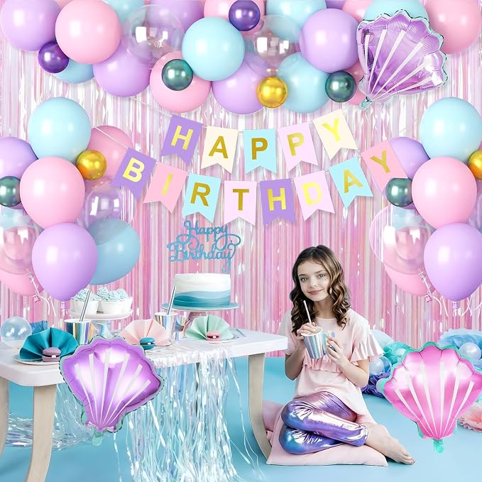 Mermaid Birthday Decorations for Girls, Pink Purple Blue Balloons with 'HAPPY BIRTHDAY' Banner Cake Topper Shells Foil Balloon Pink Fringe Curtain for Girls Women Mermaid Party Decorations