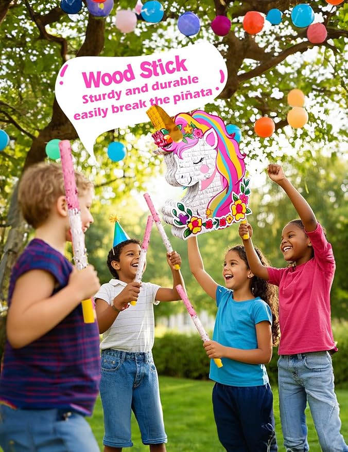 Unicorn Piñata for Birthday Party Girl, Princess Party Piñata with Wood Stick, Blindfold & Confetti, Rainbow Unicorn Birthday Decoration (15.6"x12.6"x3.1")