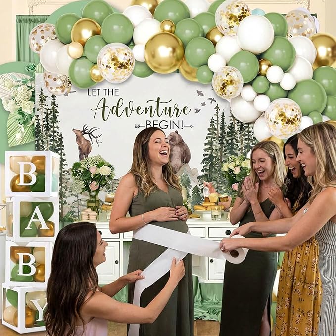 140PCS Let The Adventure Begin Baby Shower Decorations, Woodland Mountain Baby Shower Supplies, Sage Green Balloon Garland Kit, BABY Boxes, Backdrop Banner
