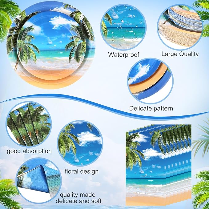 Funnymoom 250 Pcs Tropical Beach Party Decoration Summer Paper Plates Napkins and Cups Hawaiian Tableware Set for Birthday Pool Summer Baby Shower Beach Themed Party Supplies, Serves 50