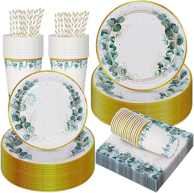 Sage Green Plates and Napkins Party Supplies, Sage Green and Gold Disposable Plates Sets, Sage Green Plates and Napkins Party Supplies Eucalyptus Plates for Table Decor，Serves for 25 (Eucalyptus Set)