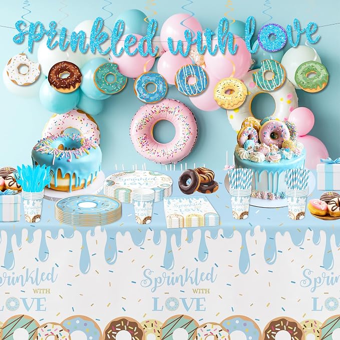 Donut Baby Sprinkle Decorations Boy, Blue Sprinkled with Love Theme Donut Baby Shower Party Supplies, Disposable Paper Plates, Cups, Napkins, Banner, Swirls, Cutlery, Tablecloth, Serves 24