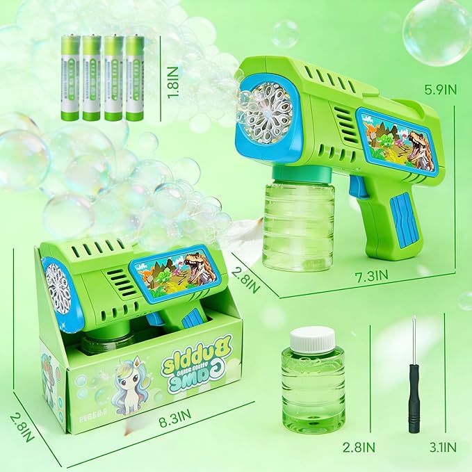 Bubble Gun Machine with Batteries, Green and Pink, Includes Bubble Solution and Refill Packs, Dinosaur Theme, Kids Outdoor Toy