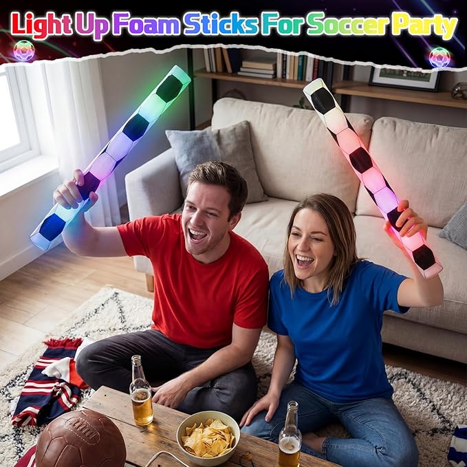 JellyArch 48 Pcs Sports Party LED Foam Sticks Football Foam Light up Cheer Sticks Batons with 3 Flashing Modes for Sports Events Birthday Parties Football Match Celebrations