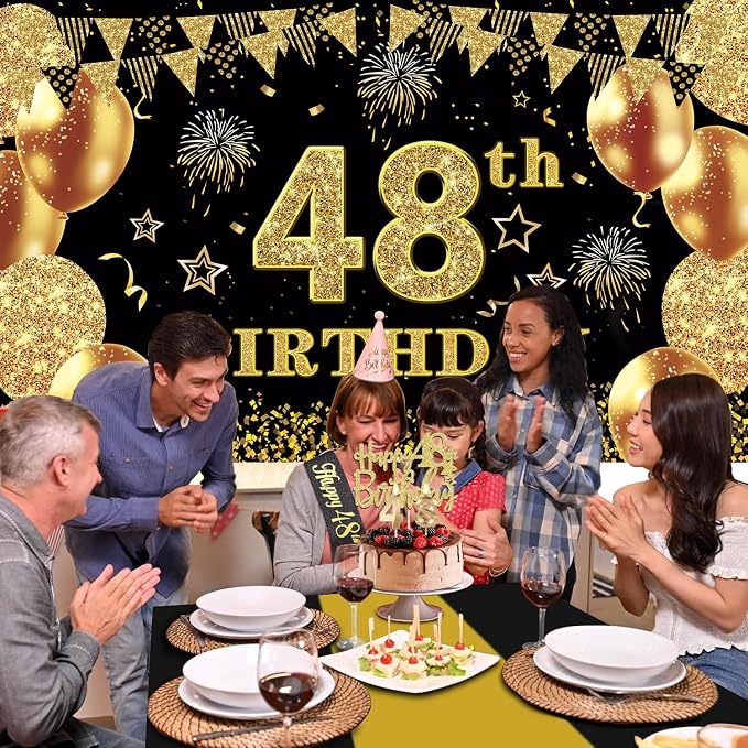48th Birthday Decorations Men Women with 48th Birthday Banner, Black and Gold Table Cloth, Number Balloons, Large Sash, Cake Topper and Candles