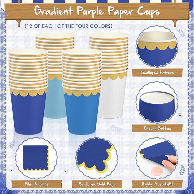 Mimorou 338 Pcs Royal Blue and Gold Party Supplies for 48 Guests, Gradient Blue Scalloped Paper Plates Napkins Cups Gold Cutlery for Ocean Sea Graduation Baby Shower Birthday Wedding Party Decorations