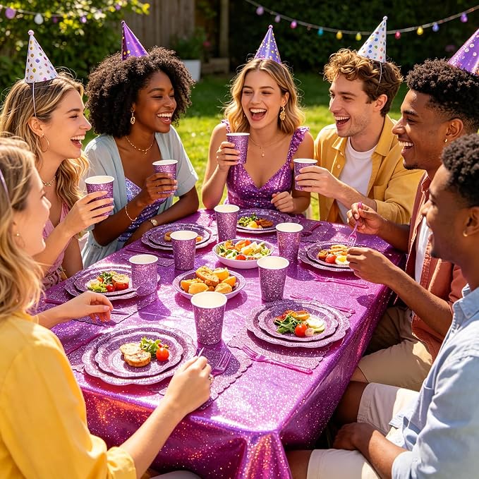 Purple Iridescent Plates and Napkins Set, Scalloped Disposable Holographic Plates Cups Napkins Forks Tablecloth Party Supplies for Birthday Baby Shower Bridal Shower Decorations, Serves 24 Guests