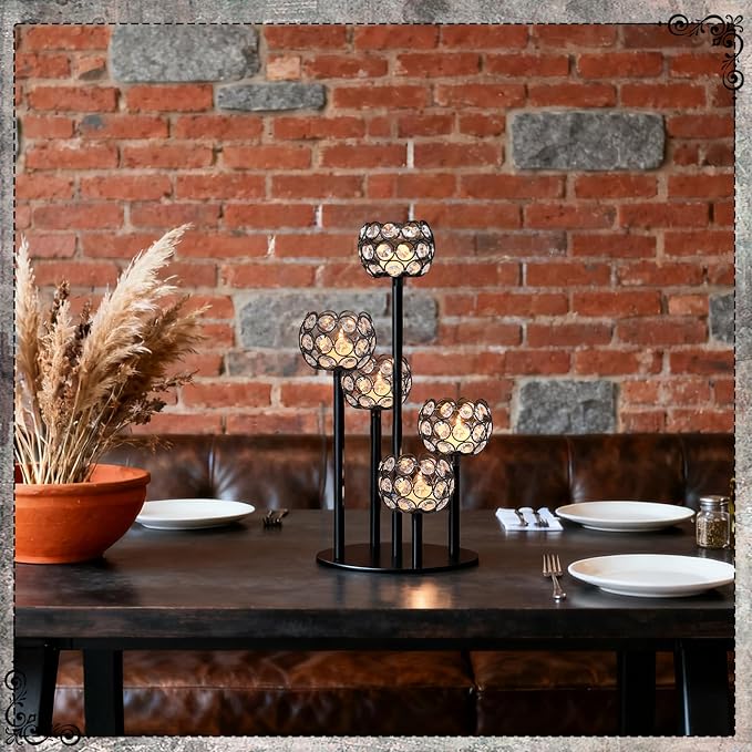 5-Arm Crystal Tealight Candelabra Centerpiece, 14.8 Inch Metal Candle Holder for Table Decor, Wedding, Christmas, Party, Anniversary & Home Decoration (2, Black, S-14.8 in)