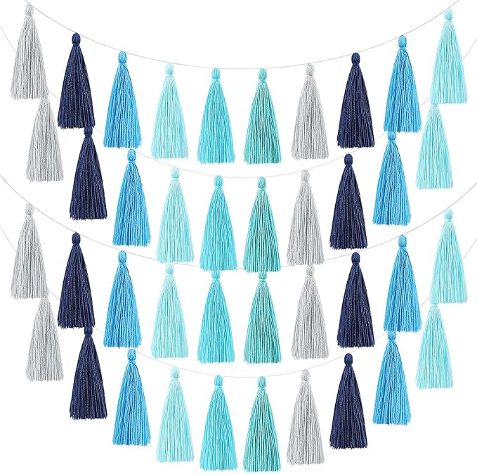 WILLBOND 4 Pcs Rainbow Tassel Garland Party Decorations, Colorful Boho Wall Hanging Banner for Classroom Decor, Back to School Birthday Wedding Baby Shower Nursery Home(Blue Gray,6.3 Inch)