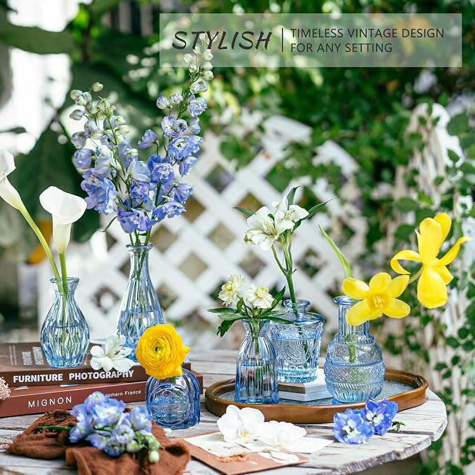 SUPMIND 6pcs Glass Bud Vase Set, Small Blue Flower Vases for Centerpieces in Bulk, Mini Vintage Vase for Wedding, Home Decor, Table Decoration