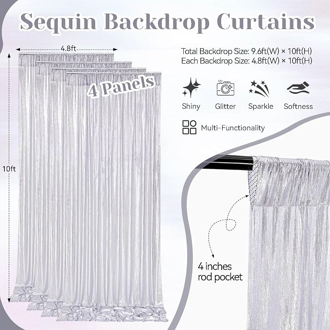 Silver Sequin Backdrop Curtain for Birthday Wedding Baby Shower Photo Engagement Bachelorette Christmas Party Decorations 19.2ftx10ft(4 Panels)