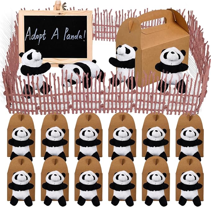 Adopt A Panda Party Favors Mini Plush Stuffed Animals Set with 12 Plush Panda Mini Fence Blackboard Kraft Paper Box for Adopt An Animal Themed Birthday Party