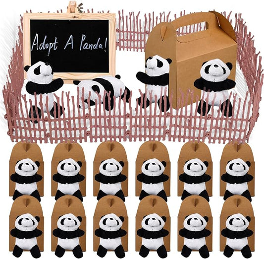 Adopt A Panda Party Favors Mini Plush Stuffed Animals Set with 12 Plush Panda Mini Fence Blackboard Kraft Paper Box for Adopt An Animal Themed Birthday Party