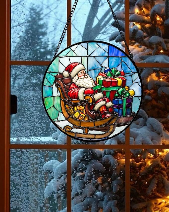 DASTOLL Stained Glass Window Hanging - Santa Claus Gift BoxSuncatcher for Doors Home Christmas Decoration Winter Sun Catcher Thanksgiving New Year Birthday Gift for Women Men Mom Nana 9.8 in