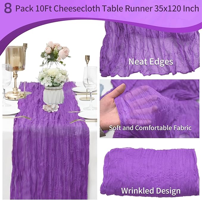 8 Pack Purple Cheesecloth Table Runner 10Ft Gauze Cheese Cloth Table Runner 35x120 Inch Romantic Boho Table Runners for Wedding Anniversary Bridal Baby Shower Birthday Party Banquet Event Table Decor