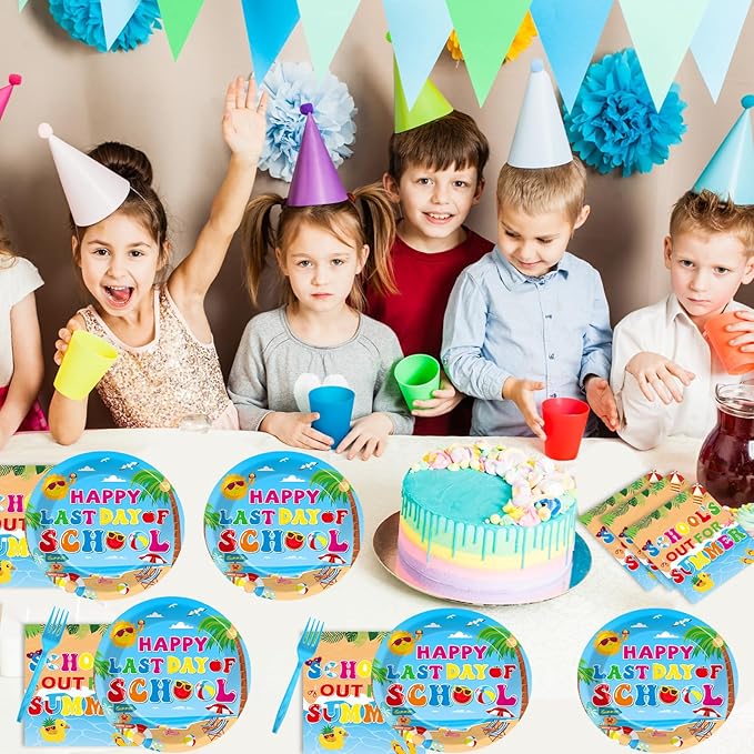 96 Pcs Happy Last Day of School Paper Party Plates and Napkins for Hello Summer Vacation Supplies Summer End of School Year Theme Dessert Tableware Set for 24 Guests Birthday Party Decorations