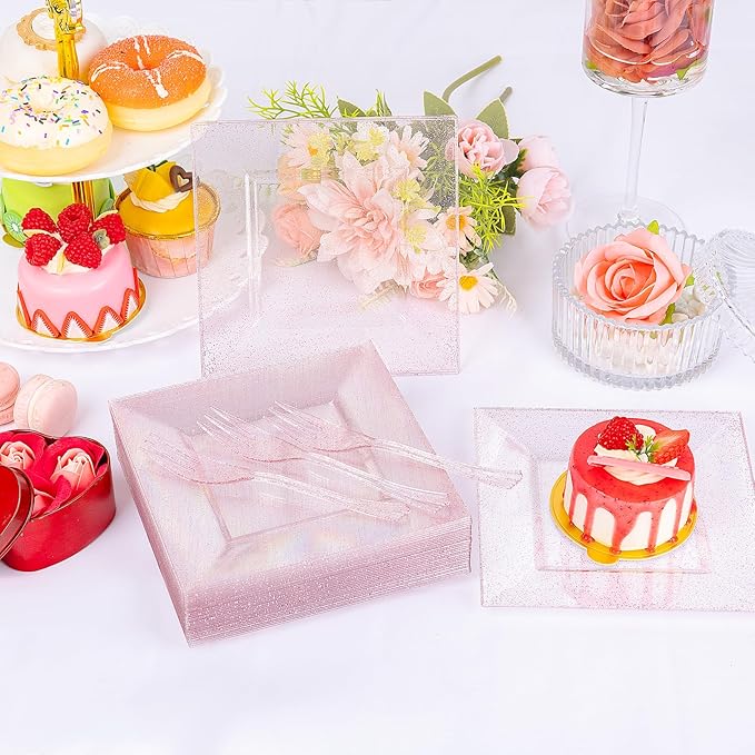 DaYammi 100Pcs Pink Dessert Plates with Forks Including 50Pcs Appetizer Plates,50Pcs Plastic Forks,Glitter Square Plate pink Disposable plates for Wedding,Plastic Cake Plate for Mother's Day Party
