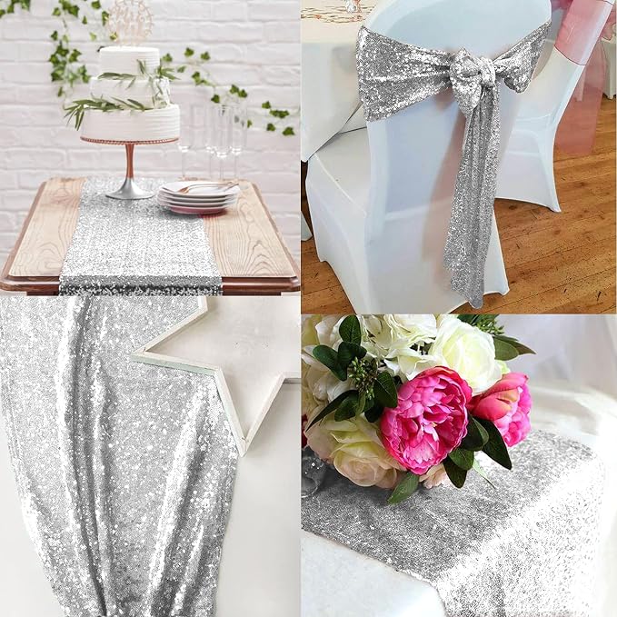 12 Packs 12 X 72 Inch Silver Sequin Table Runner Glitter Dining Table Runner for Birthday Wedding Engagement Bridal Baby Shower Bachelorette Holiday Celebration Party Supplies Decorations (Silver)