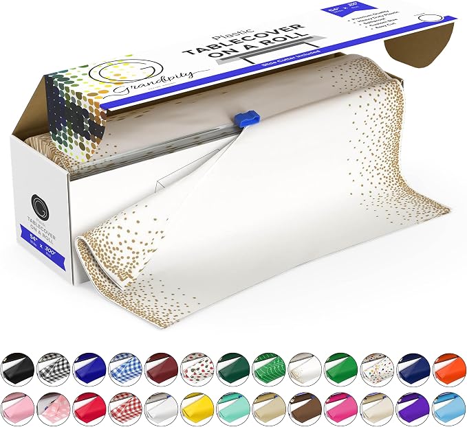 Grandipity Plastic Tablecloth Roll, 54x300' Gold Dots, Disposable, Wrinkle-Resistant, Lightweight, Rectangular, All-Season, 1 Count