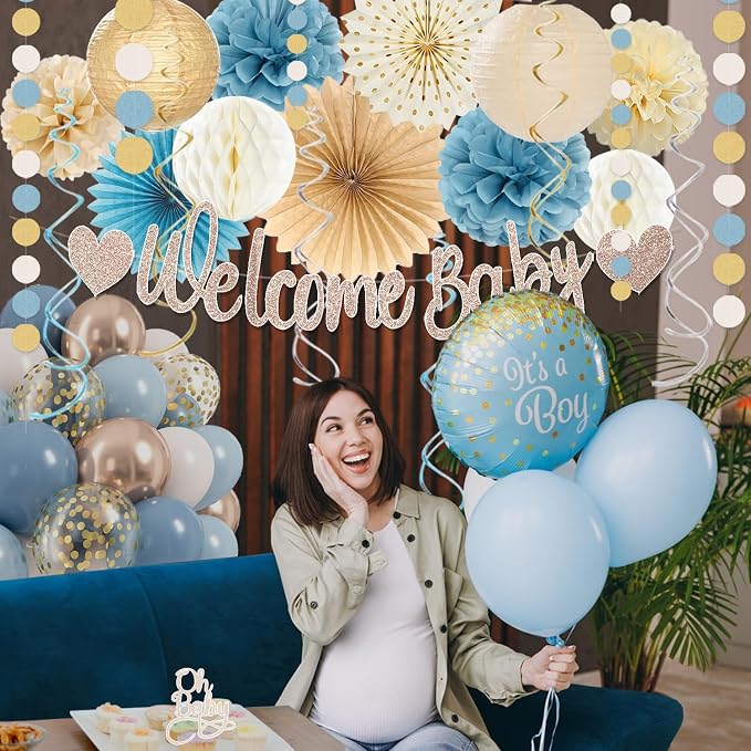 Light-Dusty Blue Boho Baby Shower Decorations, 69pcs Beige Champagne Boy Neutral Welcome Baby Banner Décor With Sand White Ice Blue Balloons Paper Lanterns Pom Poms Fan Baby Shower Party Wall Backdrop