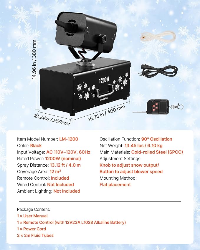 VEVOR Snow Machine, 1200W Powerful Fake Snow Maker with 90° Shaking Head, Wireless Remote Control, High Output Snowmaking Machine Coverage up to 12 ㎡ for Parade Christmas Wedding Party Stage Effect
