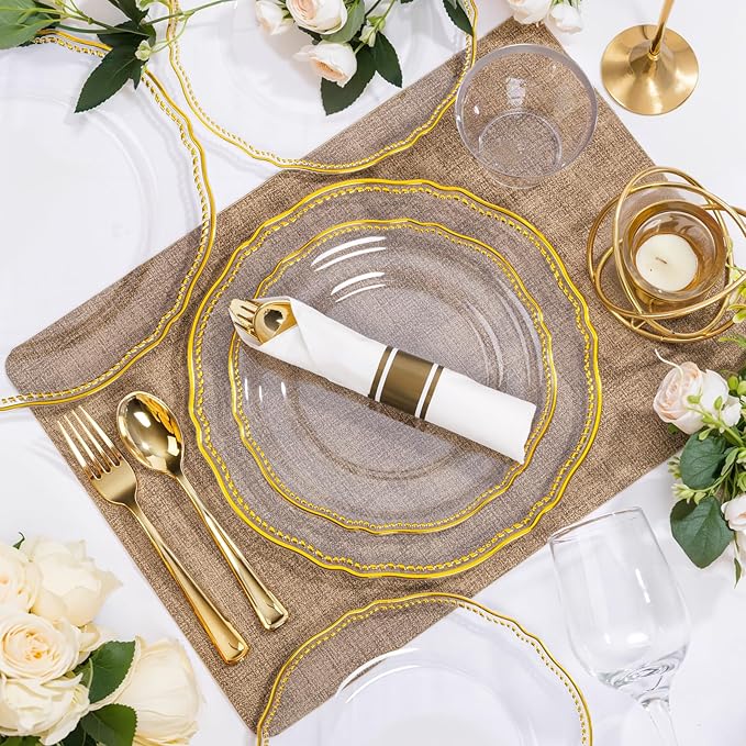 Hioasis 350pcs Clear Gold Plastic Plates - Gold Plastic Dinnerware Set Includes 50 Dinner Plates, 50 Dessert Dinnerware, 50 Cups, 50 Rolled Napkin Cutlery Perfect for Wedding & Party
